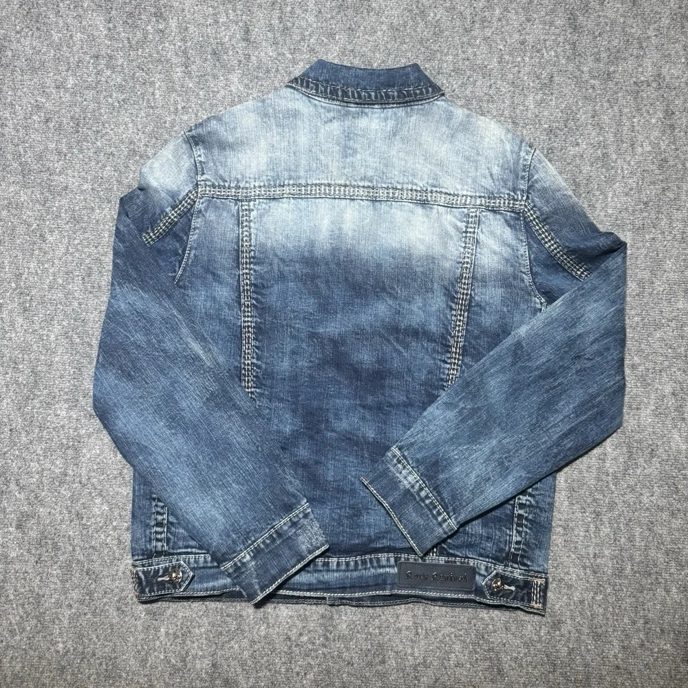 Rock Revival Men XL Jacket Blue Faded Denim Collar Grunge Y2K Biker Distressed